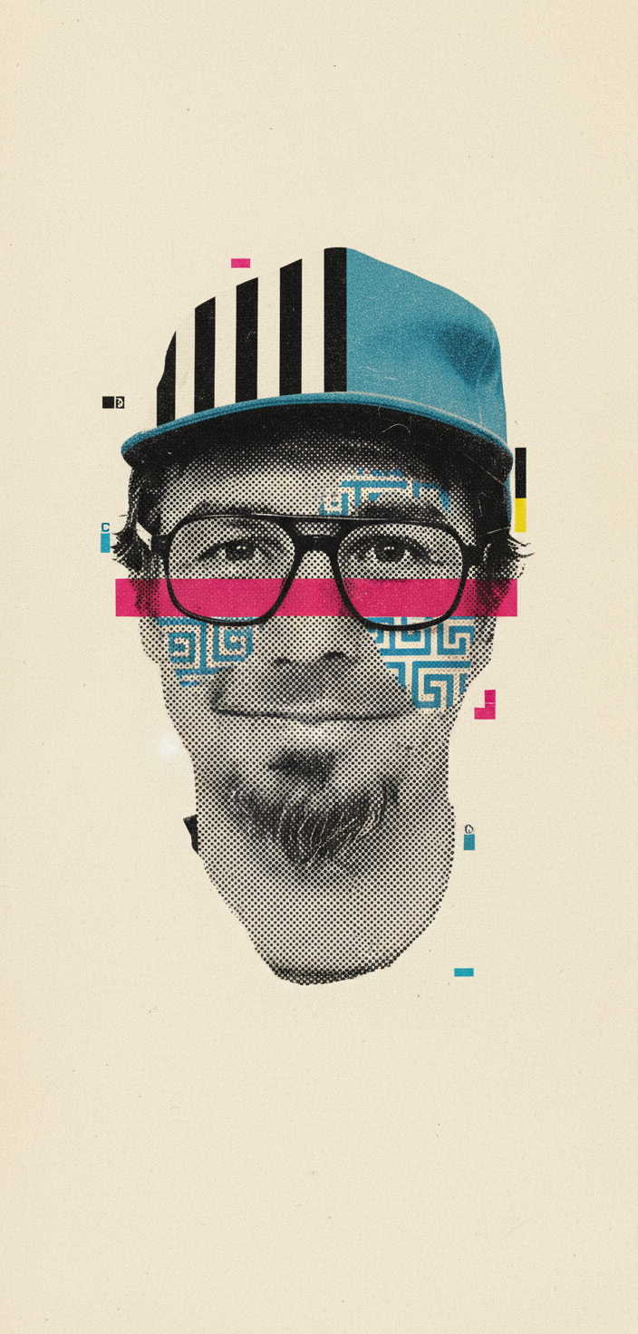 a man with glasses and a hat on a white background