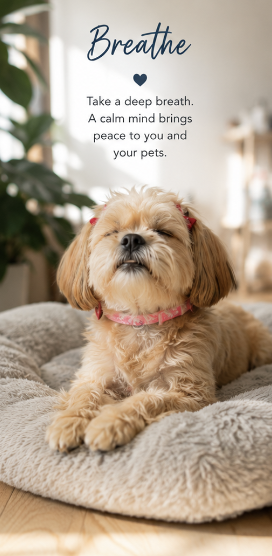 A small fluffy dog relaxing on a plush pet bed with a mindfulness quote about calm pets.