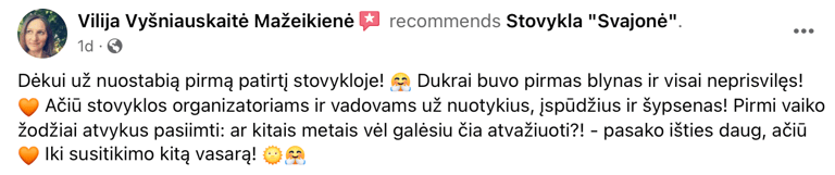 Tėvų atsiliepimai apie vasaros stovyklą Svajonė