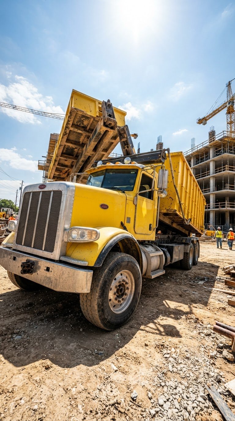 Low-angle heroic shot of a yellow Dallas Dumpster Works roll-off truck on a construction site under harsh Texas midday sun, sharp focus, wide-angle lens.