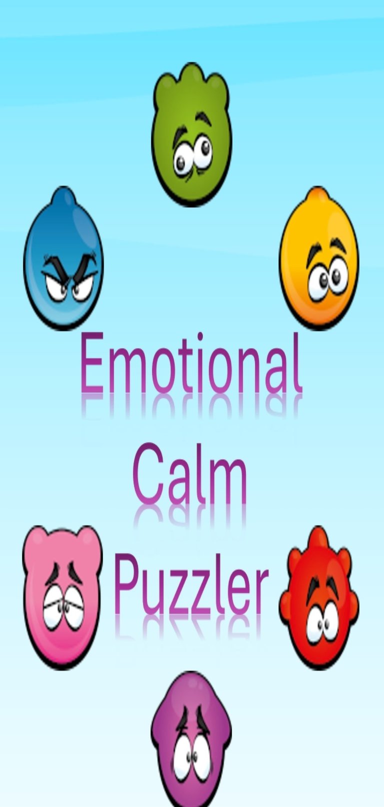 Colorful cartoon emotion characters surrounding the text Emotional Calm Puzzler on a blue background.