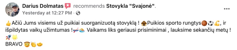 Tėvų atsiliepimai apie vasaros stovyklą Svajonė