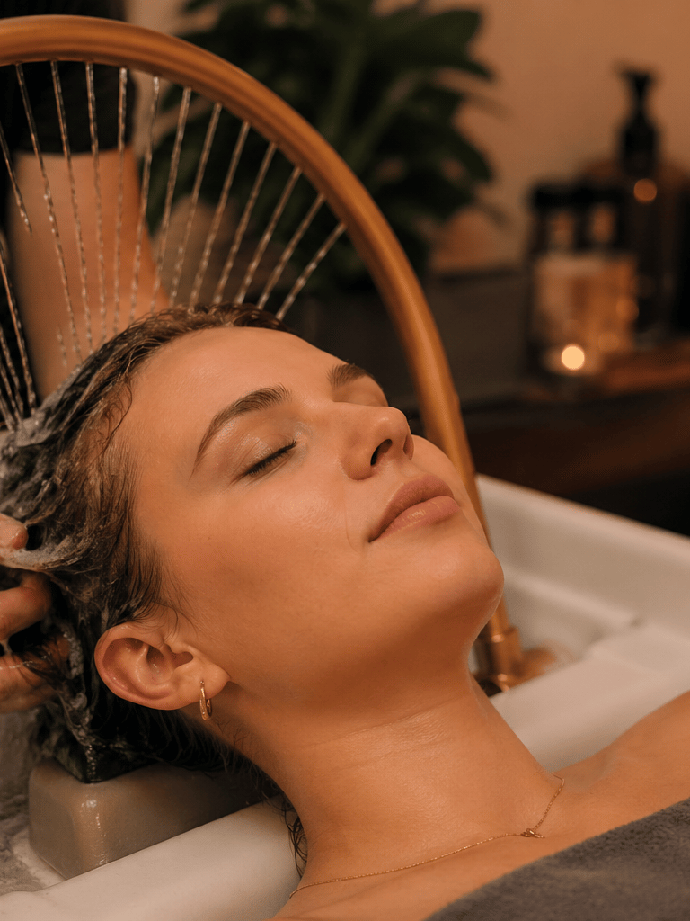 Woman enjoying a relaxing Japanese head spa with flowing water ring and scalp massage at Aveira Spa