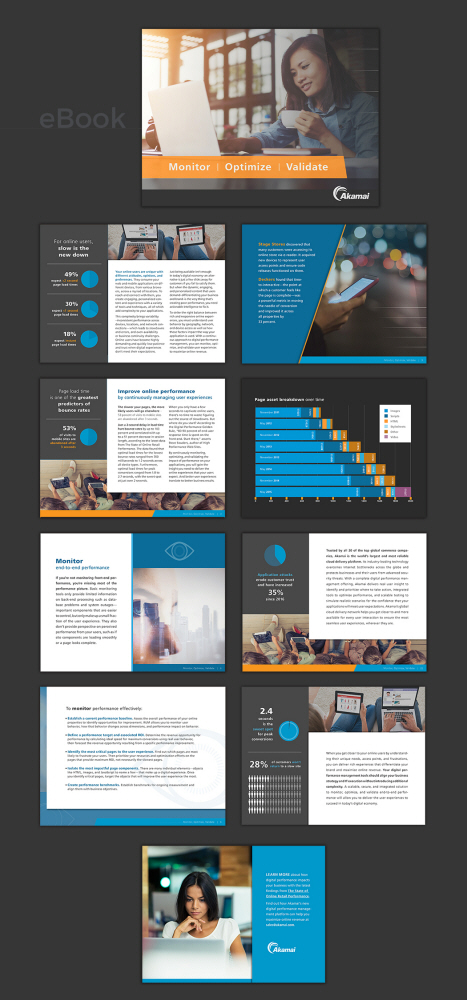 Digital performance ebook  Akamai featuring charts on page load time, bounce rates, and user experience optimization.