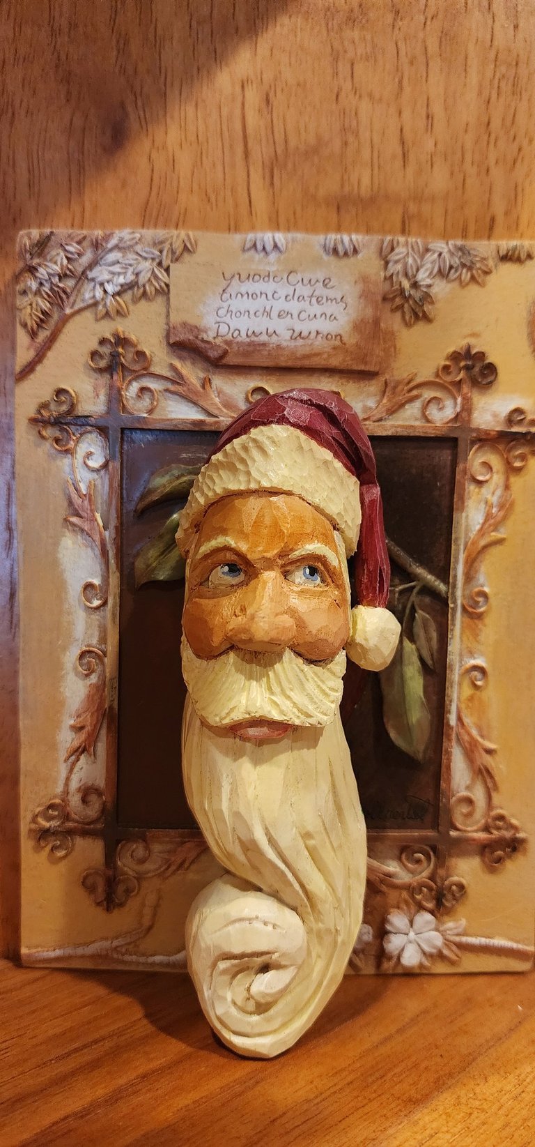 Harved santa with hate and long curling bear, carved by James Smith