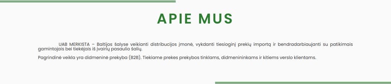 UAB Merkista about us section describing B2B wholesale distribution in Baltic countries.