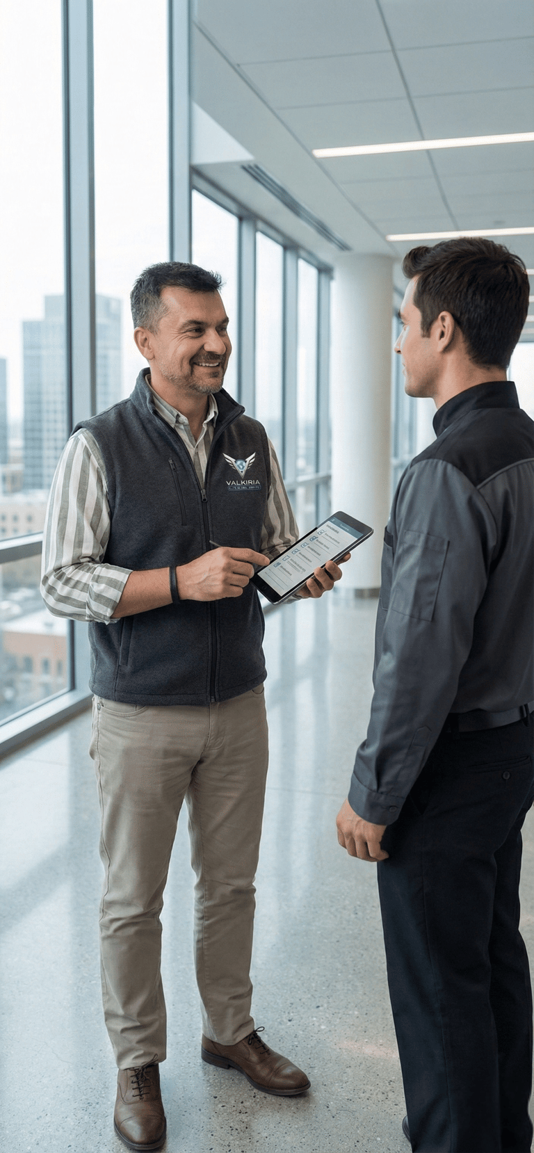 Supervisor de calidad realizando control periódico de servicios de mantenimiento y limpieza - Valkiria elite global service