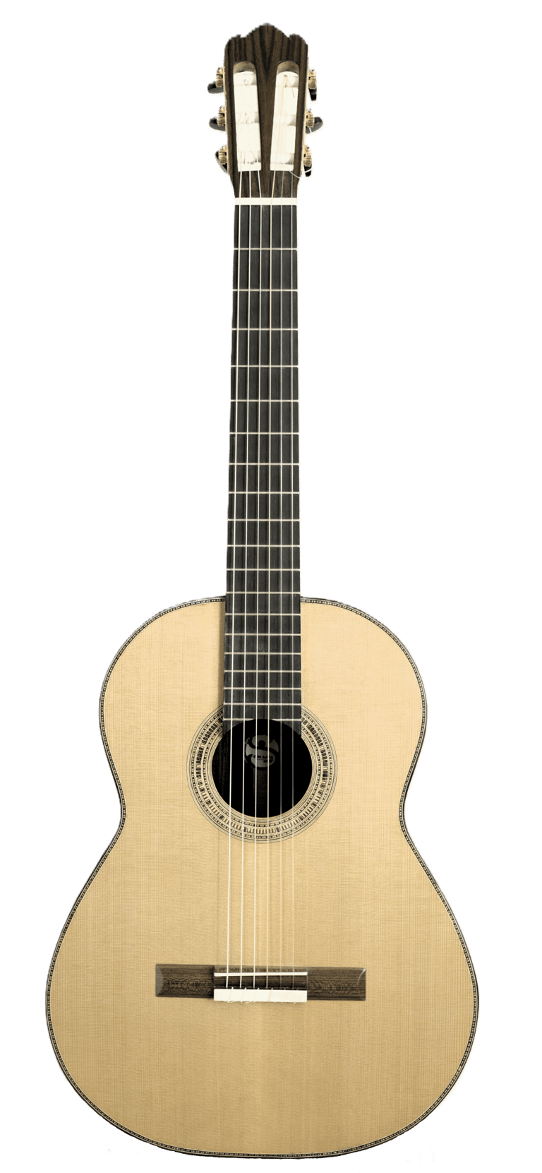 Handcrafted acoustic classical guitar with a spruce top and intricate rosette detail on a white background.