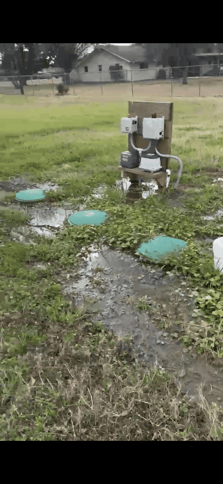 Flooded backyard septic system showing water pooling around green riser covers and pump control boxes.