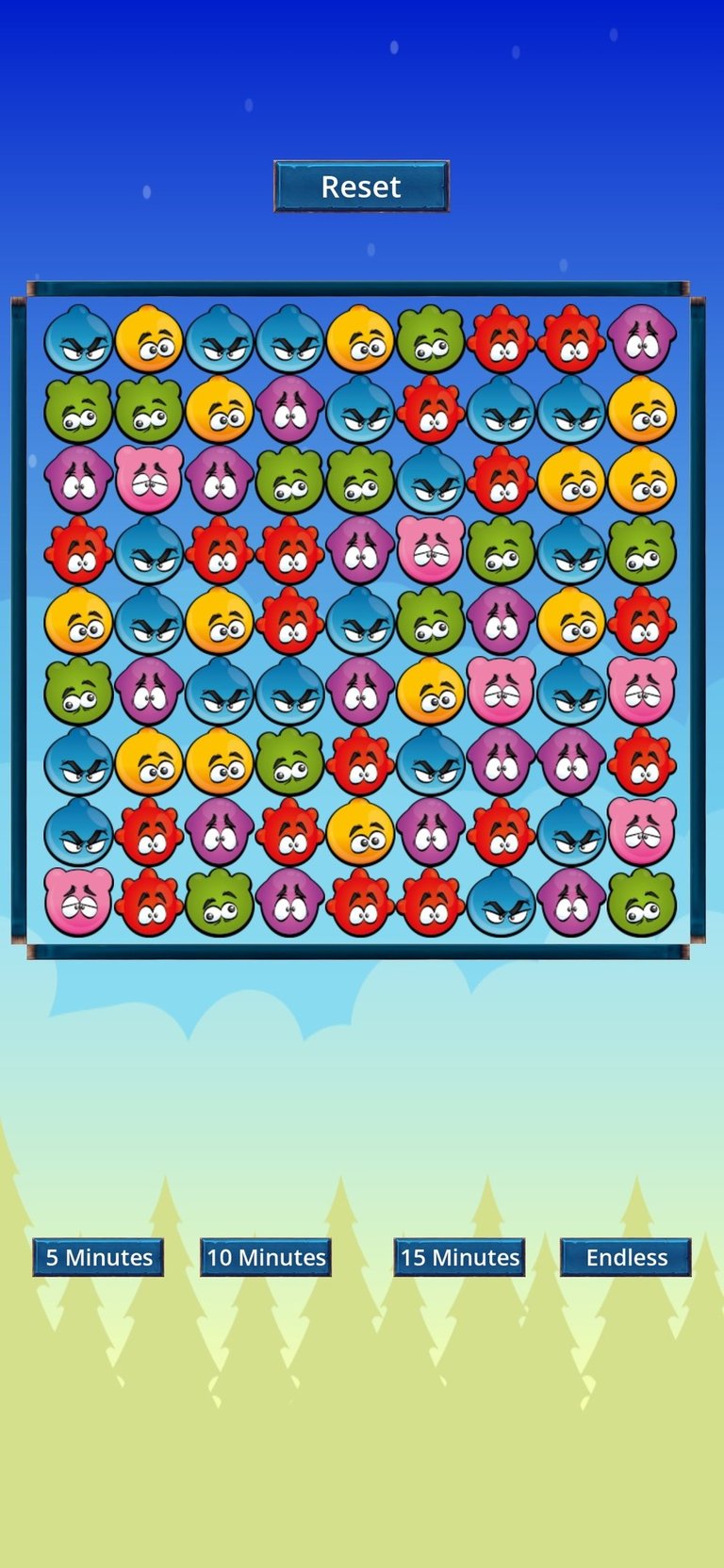 Colorful cartoon styled match-3 puzzle game interface with various time limit options.