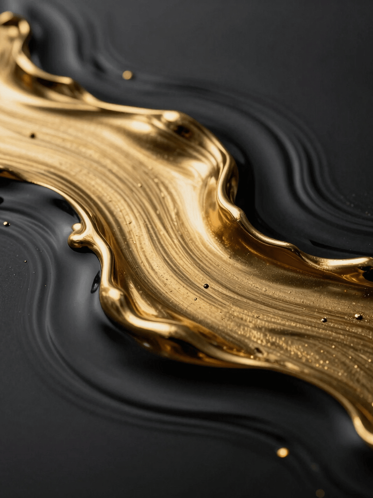 An abstract, artistic photograph featuring ripples of metallic gold paint flowing through a dark, viscous black liquid. The lighting creates sharp, brilliant reflections on the gold, conveying a sense of luxury and fluid multidisciplinary creativity. Clean, minimalist aesthetic.