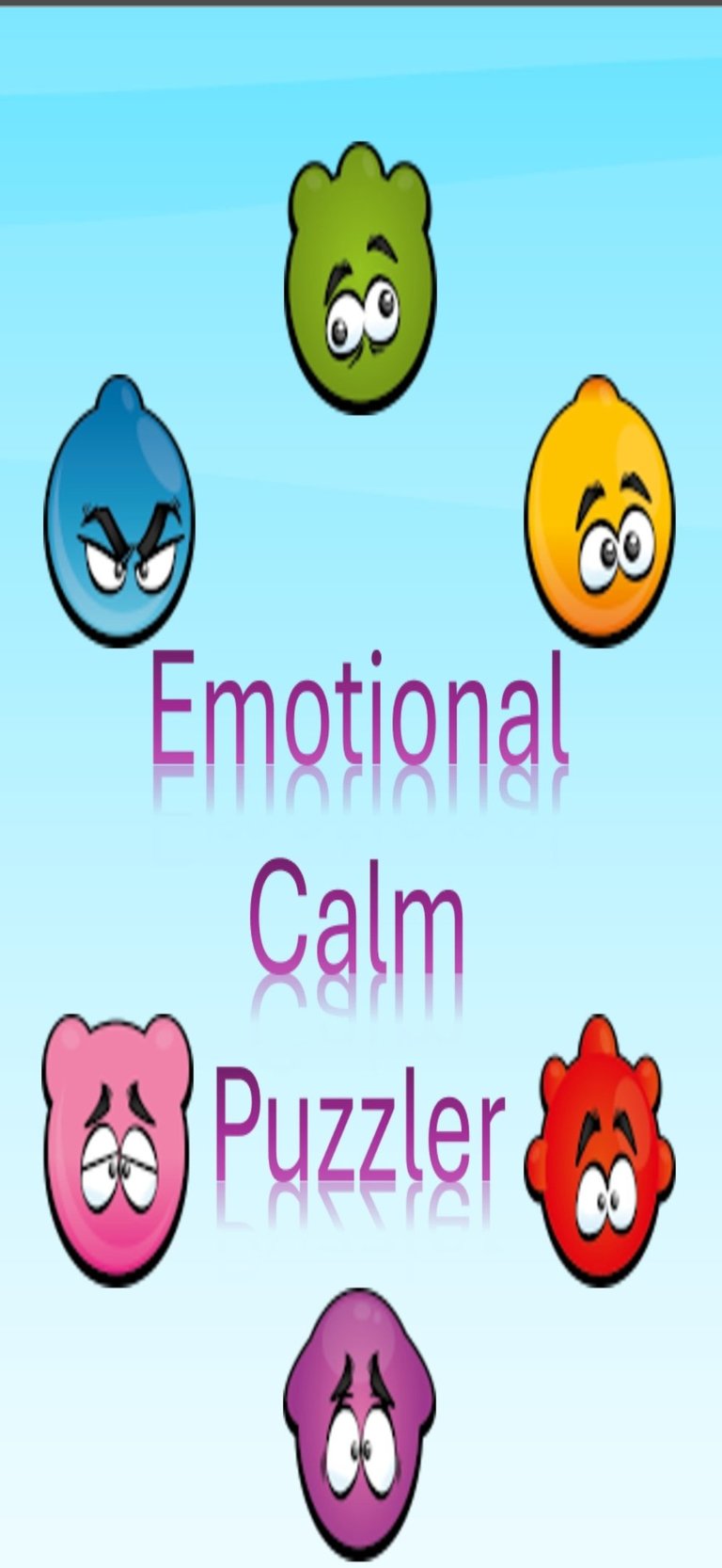 Colorful cartoon emotion characters surrounding the text Emotional Calm Puzzler on a blue background.
