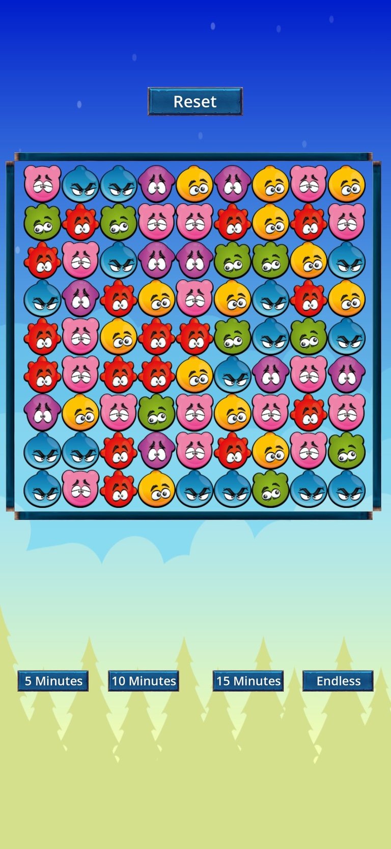 Colorful cartoon styled match-3 puzzle game interface with various time limit options