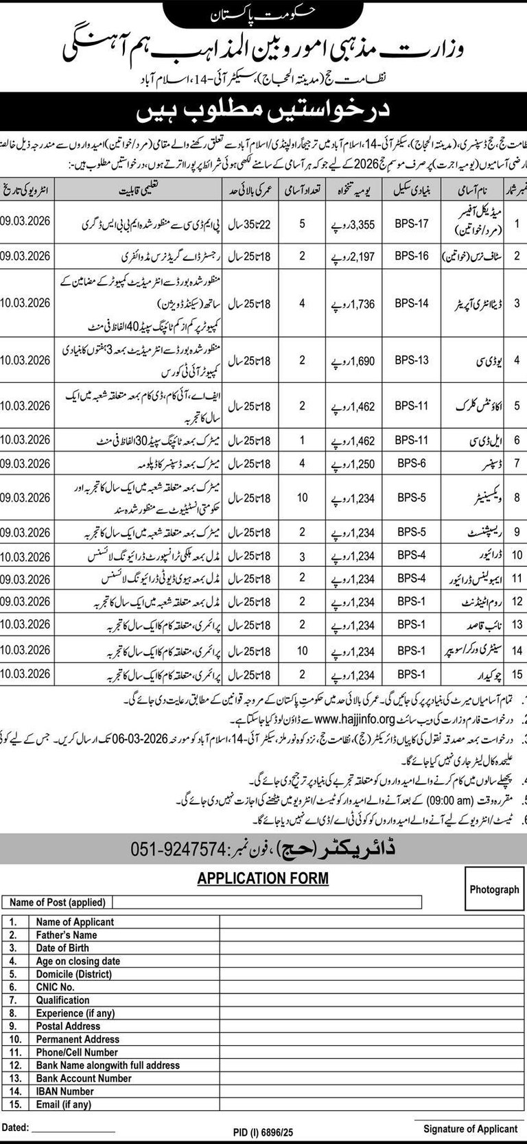 Ministry of Religious Affairs & Interfaith Harmony Hajj Directorate Islamabad Jobs 2026 advertisemen