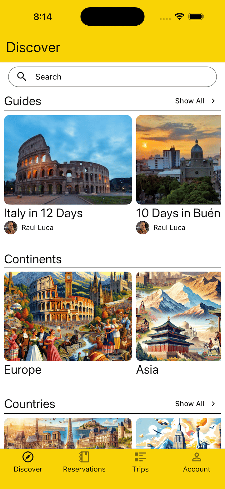 discover page view of guides, continents, countries, and cities