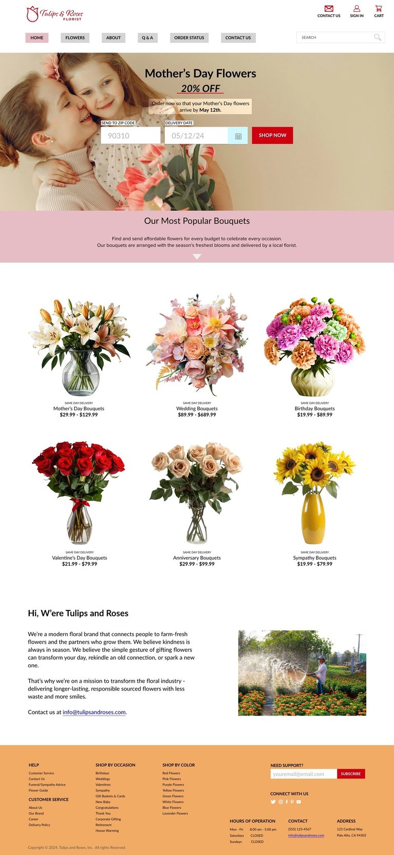 Homepage web design with banner, bouquet images, descriptions, and brand information.