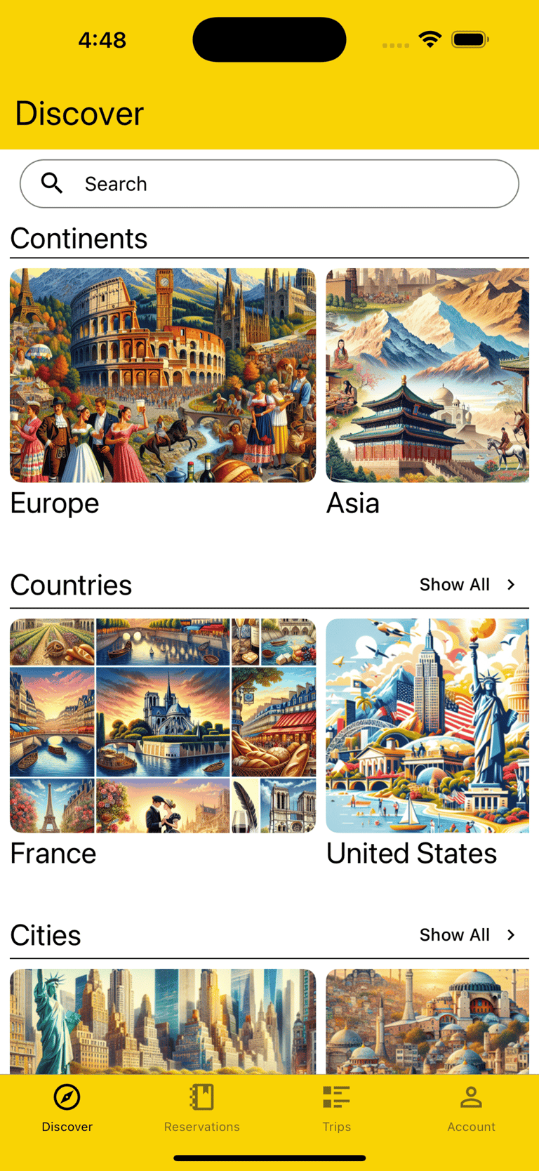 discover page showing top visited continents, countries, and cities