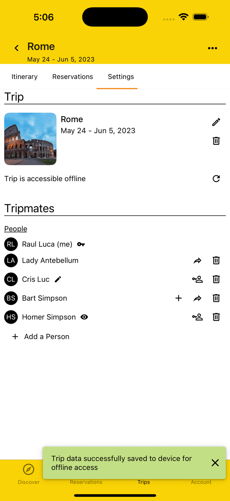 screen showing where to activate offline mode in trip settings