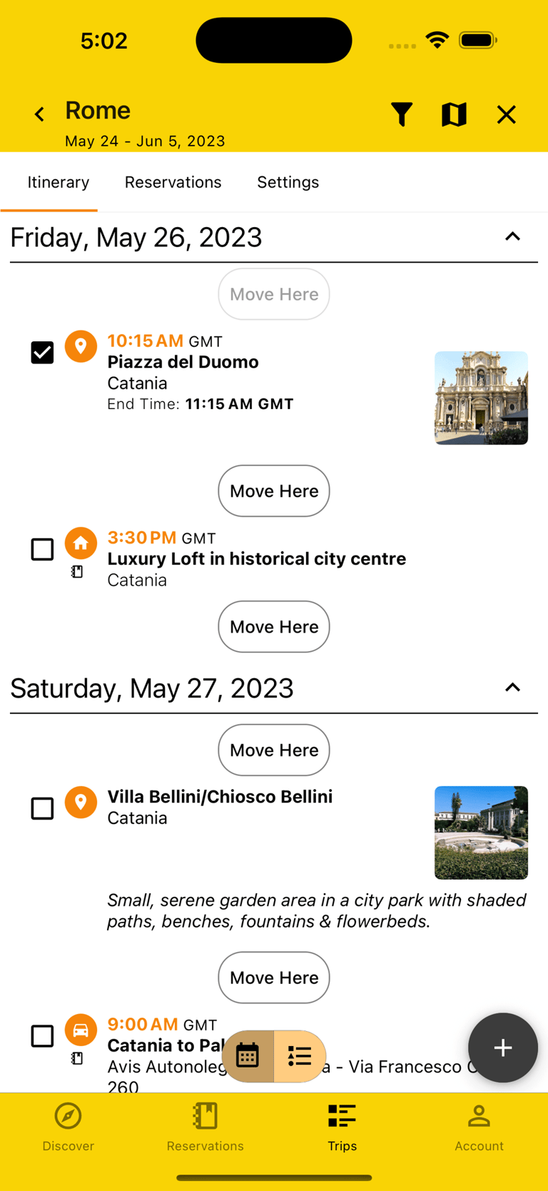 itinerary view in rearrange mode