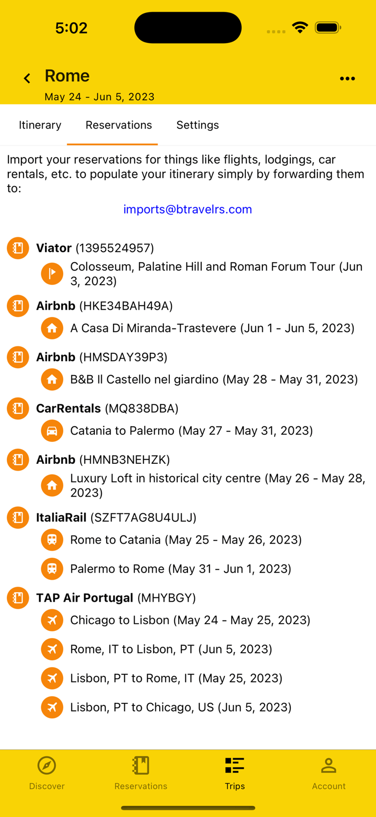 reservations view for a trip