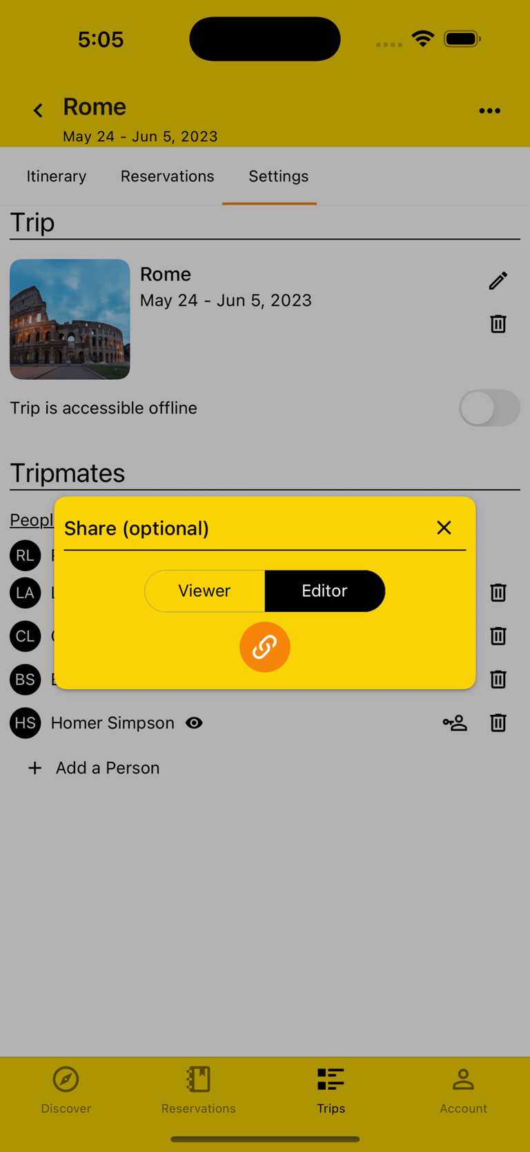 sharing options for a trip