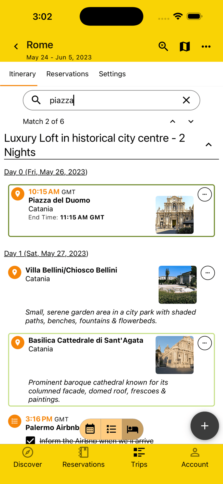 itinerary by lodging view with search highlighted results