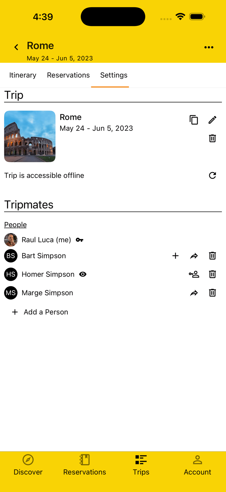 trip settings page showing tripmates