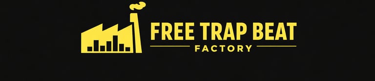 Free Trap Beat Factory brand banner, yellow industrial logo and bold typography on dark background.