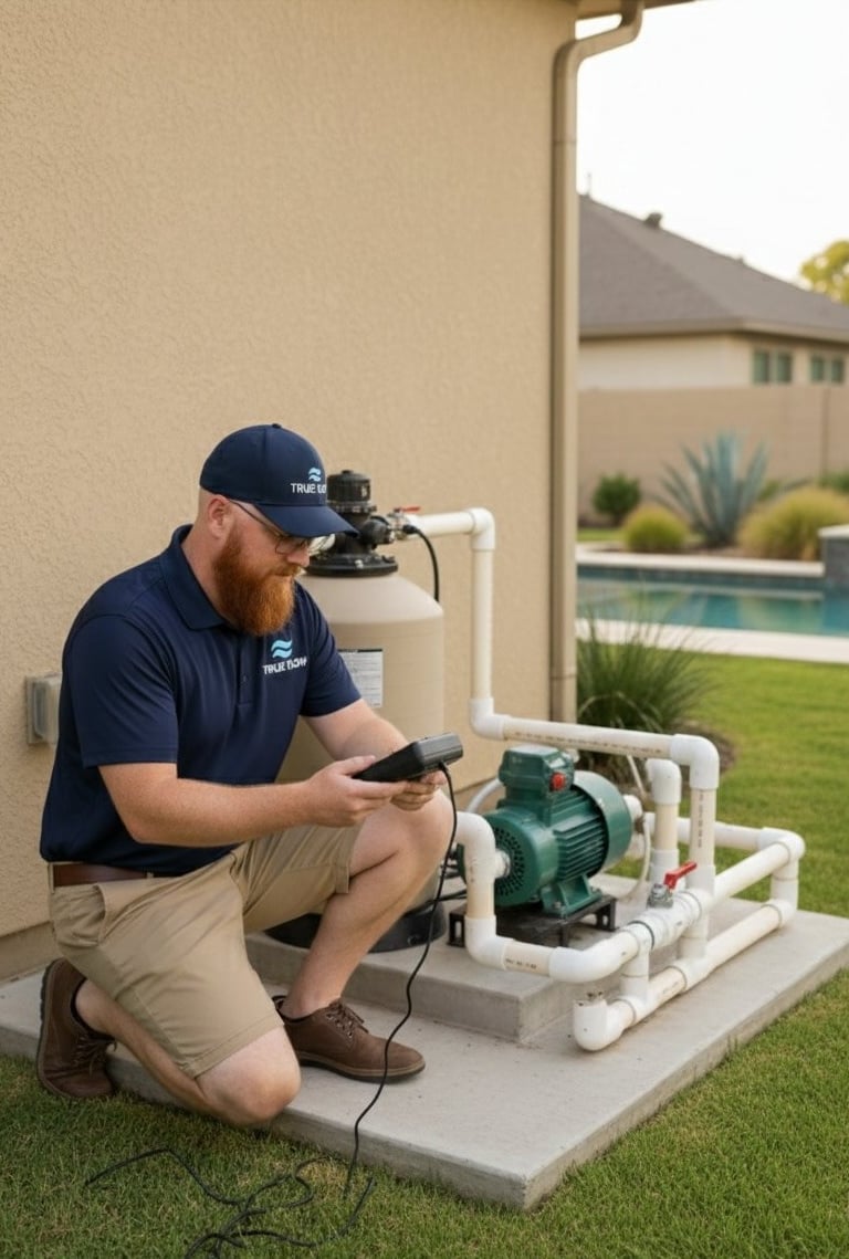 Technician kneeling and testing pool water during green pool cleanup in Hutto, TX