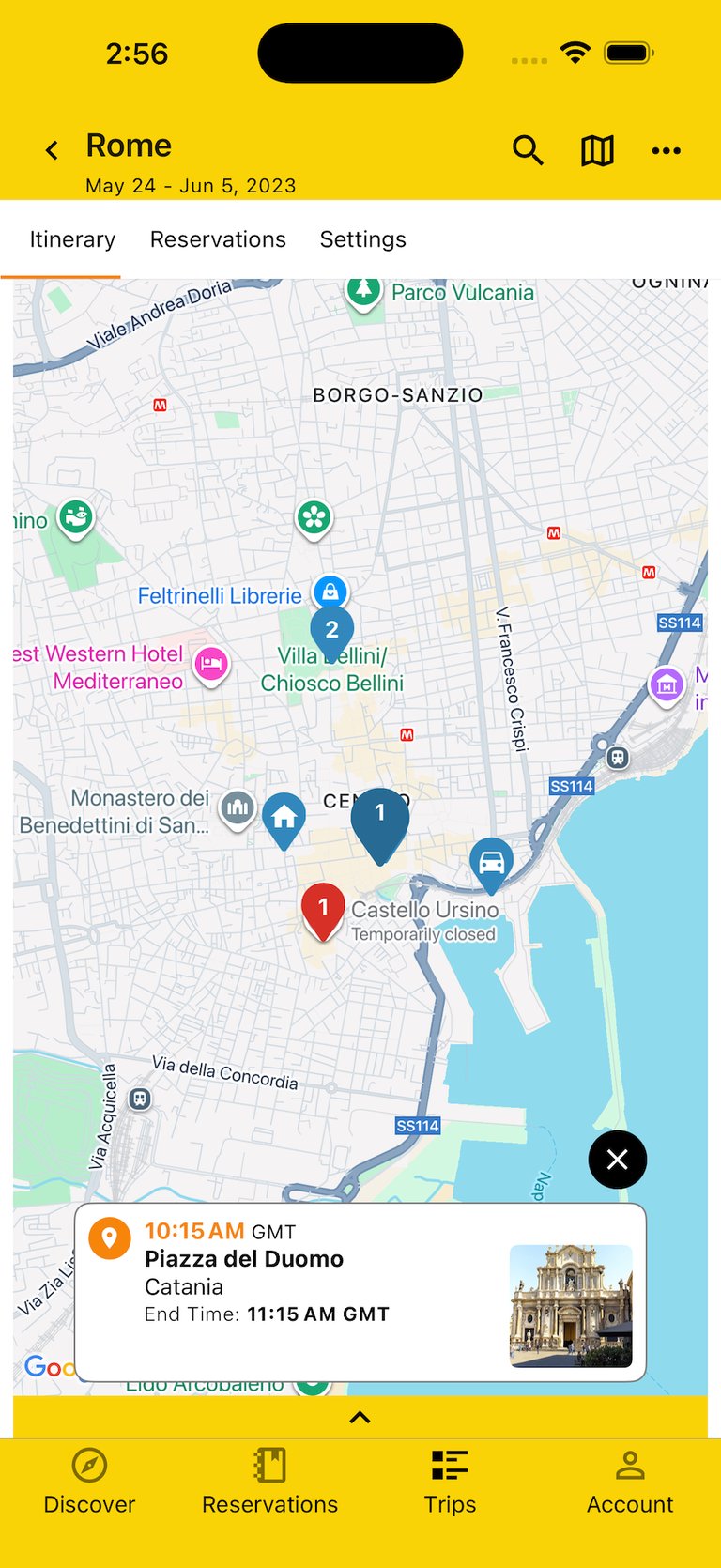 map view with select map marker showing details about place