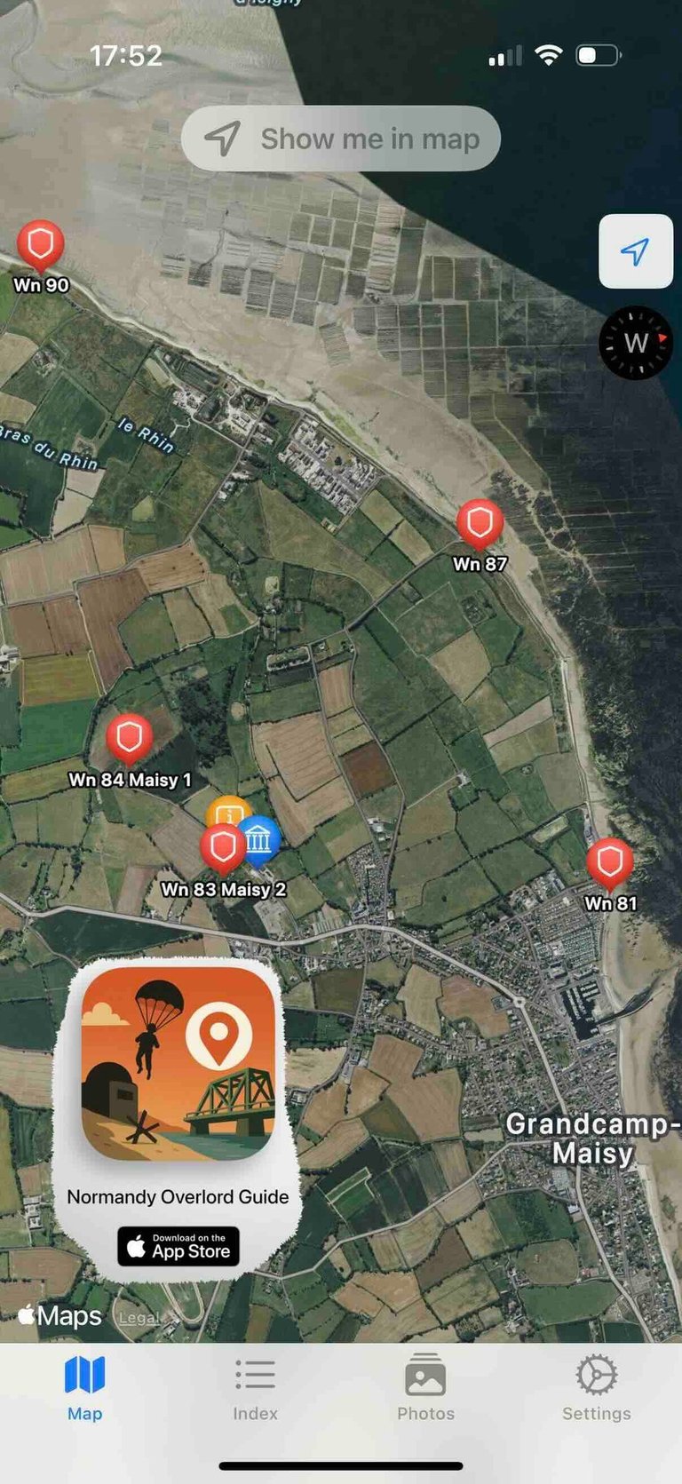Maisy Battery area with geolocations of strongpoints Wn 84, Wn 83, Maisy Battery Museum, Wn 81, Wn 87 and Wn 90
