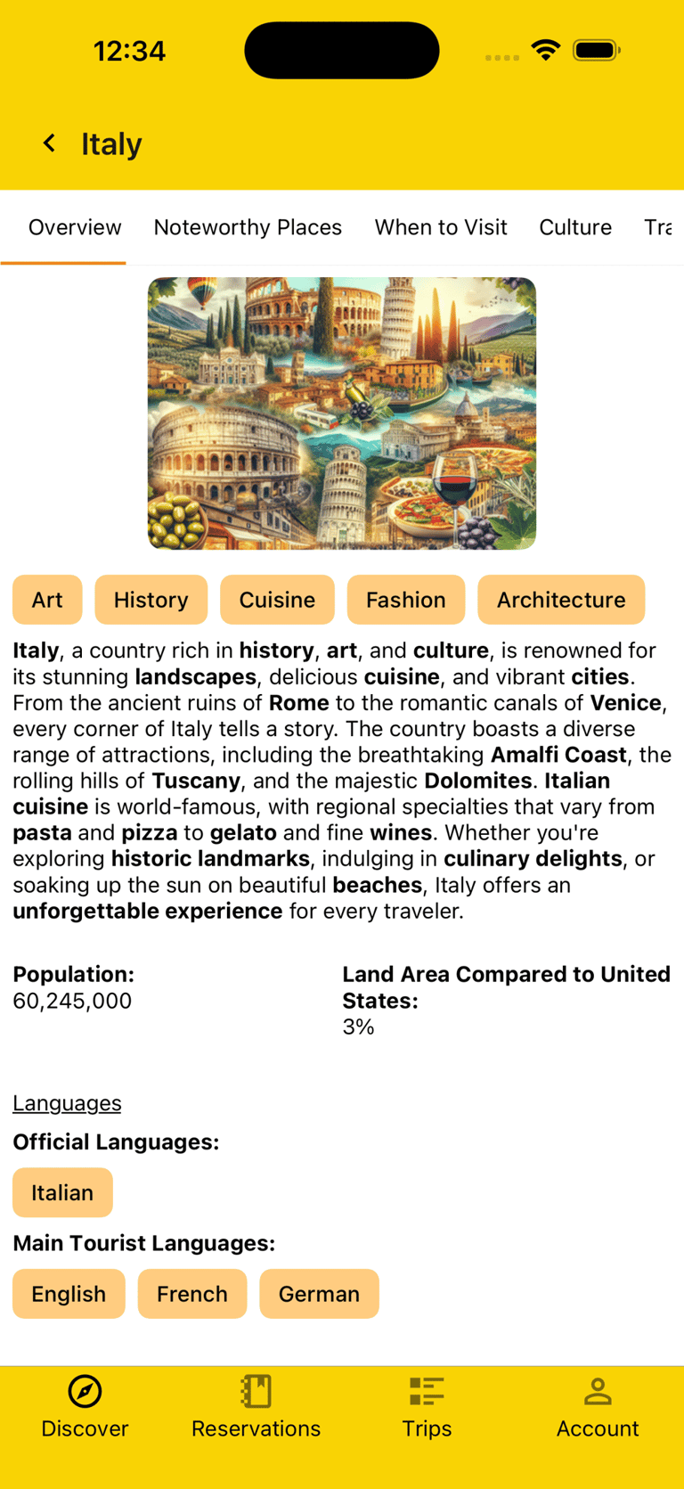 country details for Italy, including history, known-for, and languages used