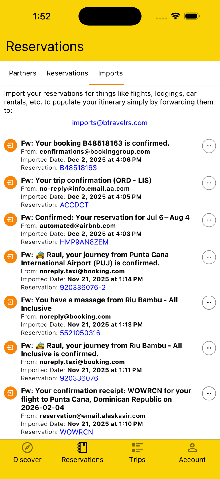 overview of imports, what reservations they belong to, and any errors