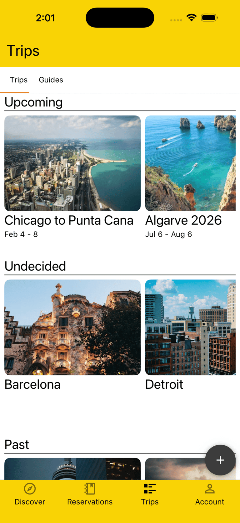 trips list showing upcoming, undecided, and past