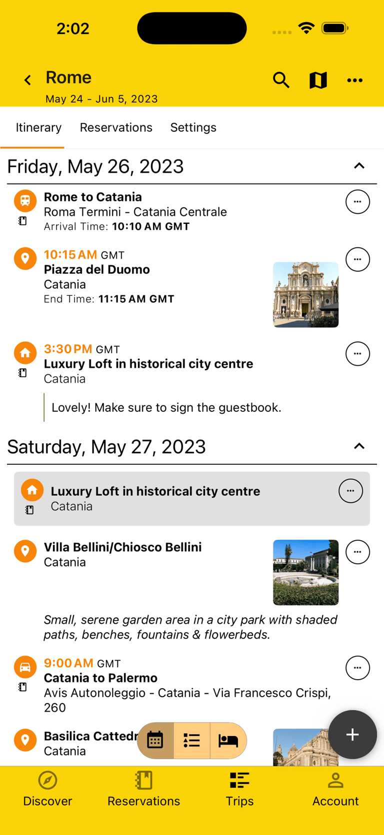 itinerary view by day showing various plans
