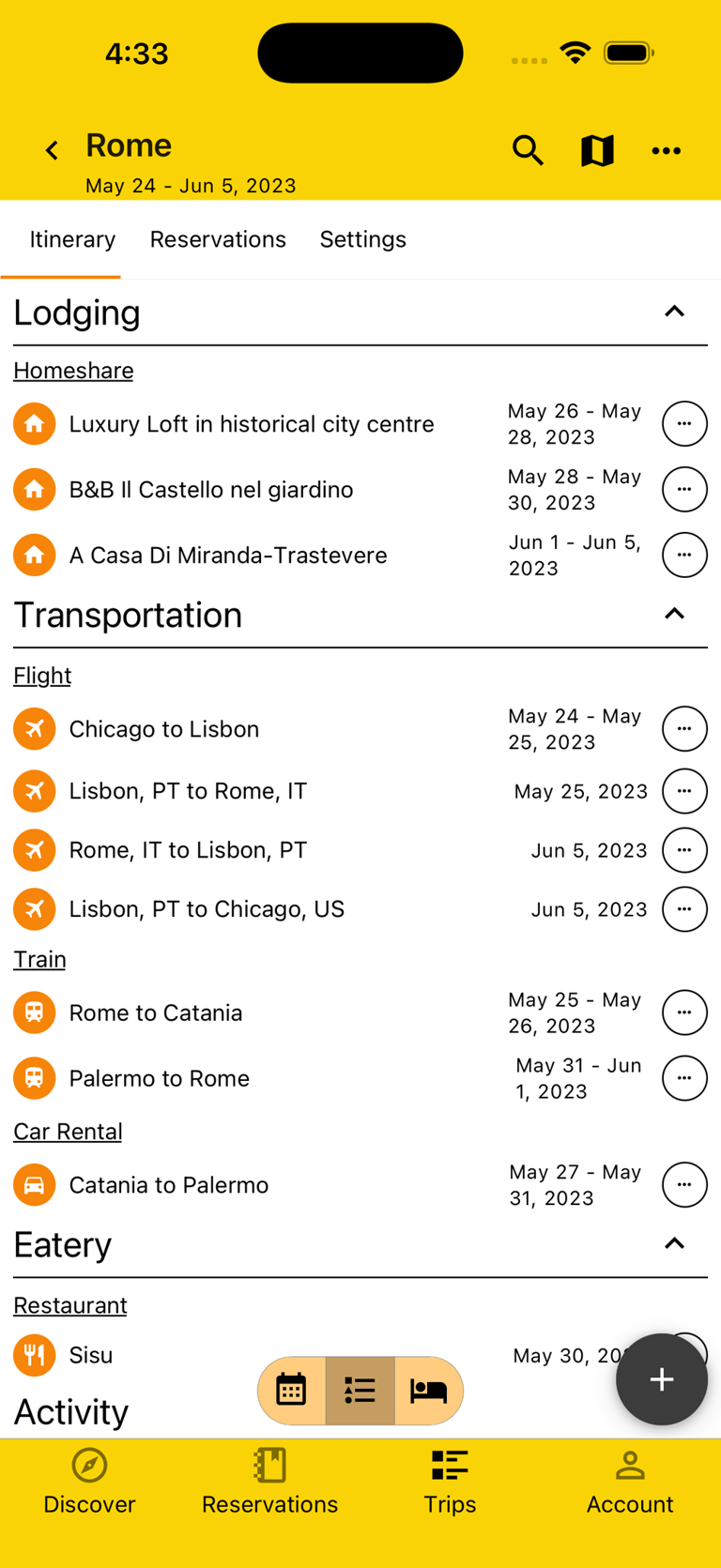 itinerary by plan type view with various plans