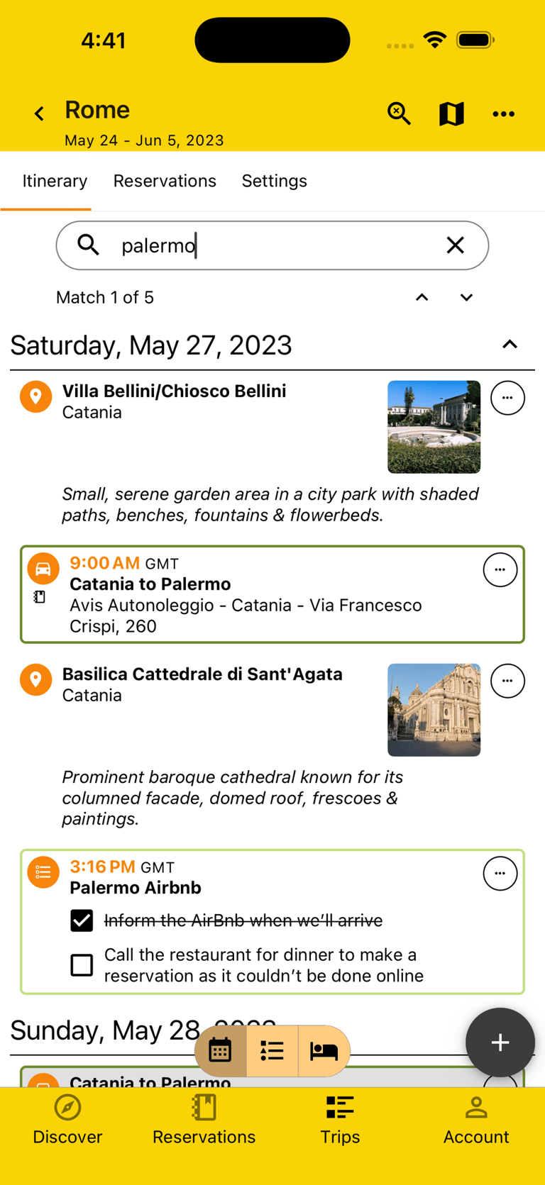 itinerary by day view with an active search with matching plans highlighted