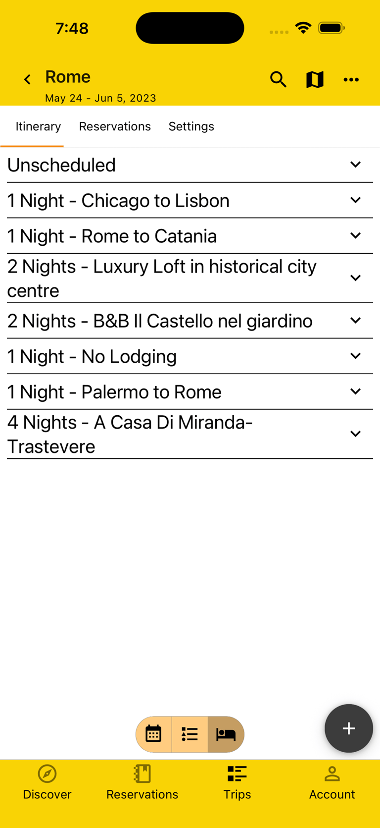 itinerary by lodging view with all sections collapsed