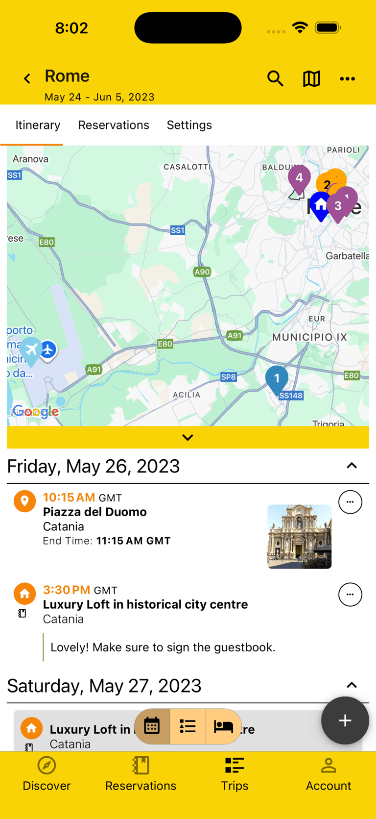 itinerary with map open, showing plans on map