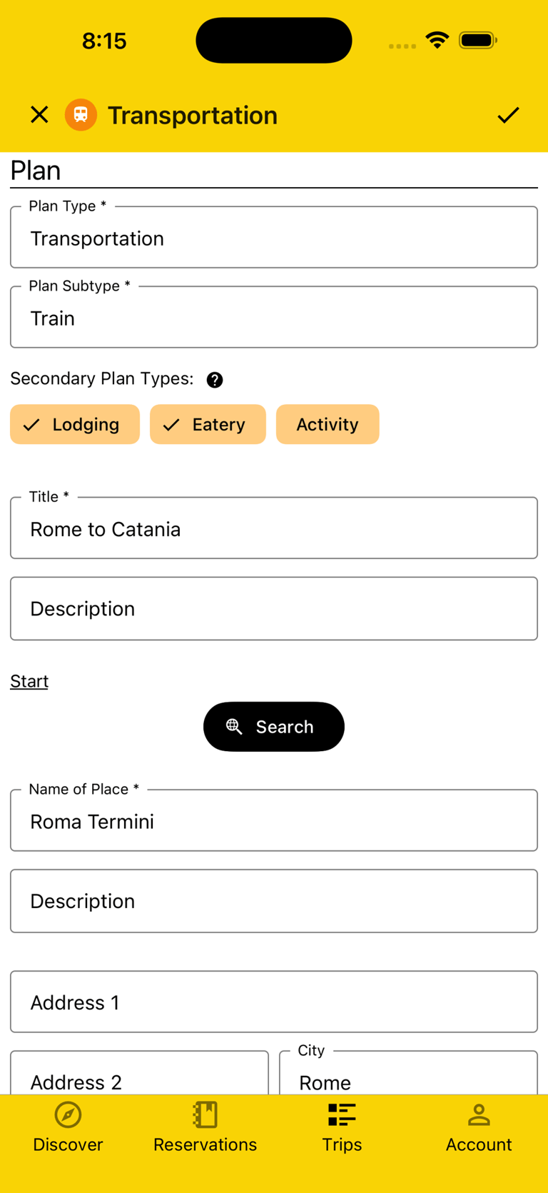 plan details with secondary plan types of lodging and eatery selected