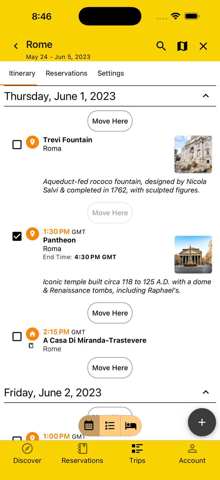 itinerary in move/rearrange mode with one plan selected