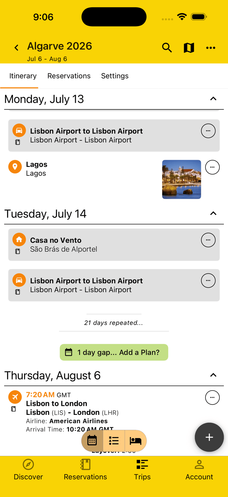 itinerary by day view with consolidated empty and repeating days