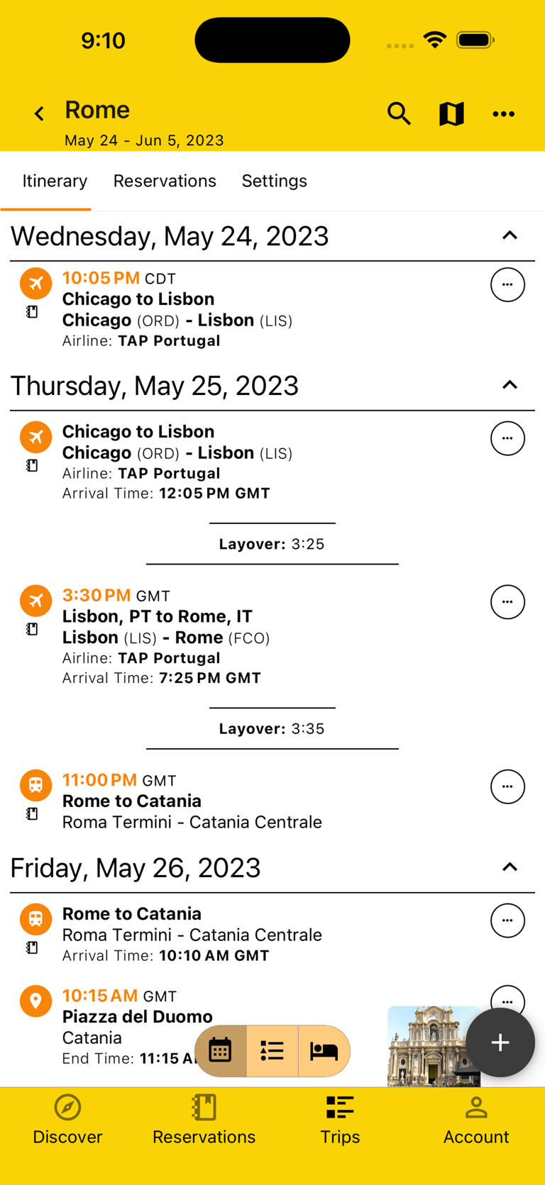 itinerary by day view showing layover times between transportation plans