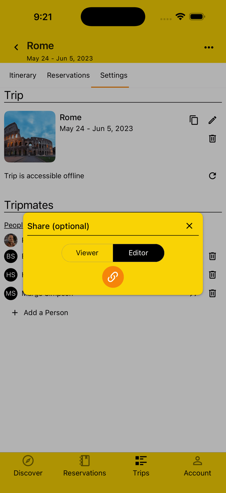 modal with share options for tripmate access