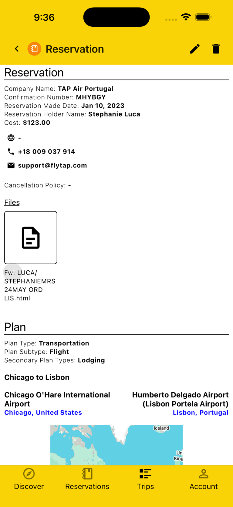 reservation details including the email and corresponding plans