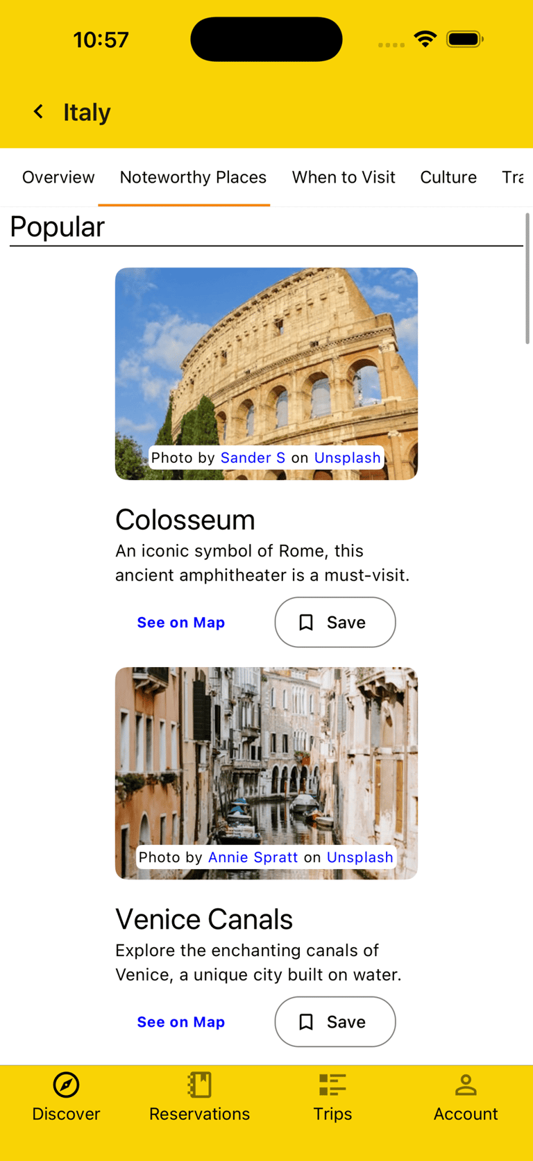 noteworthy places for Italy with "see on map" and "save" buttons