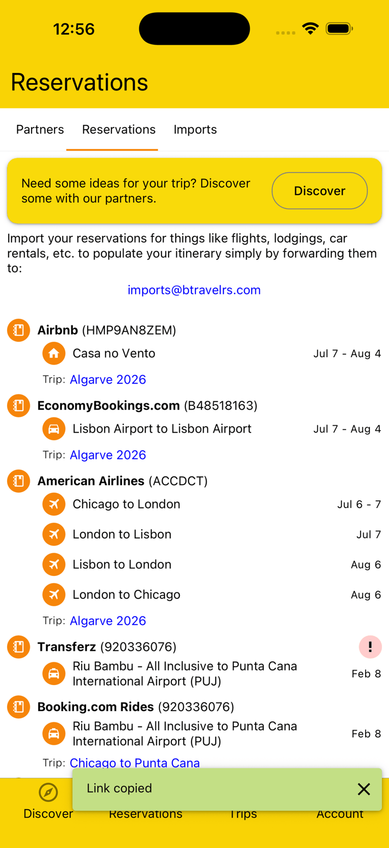 reservations page where import email can be copied