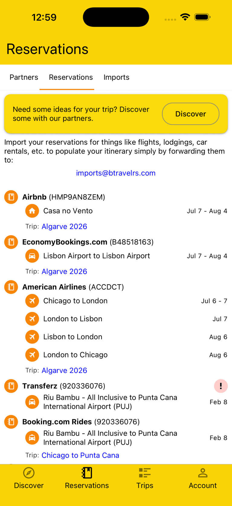 overview of all reservations, including their plans and dates