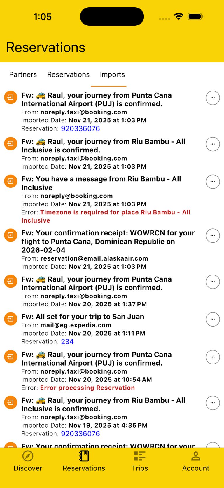 imports page, with email title, who it's from, date imported, and reservation link or error message