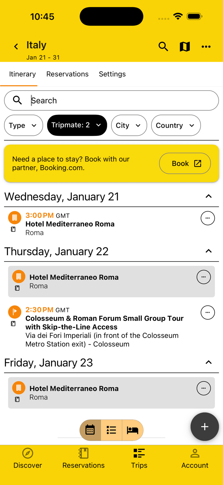 itinerary by day view filtered by specific tripmates